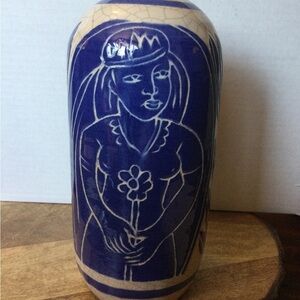 Vintage Signed Pottery Crackle Vase Blue & Cream with Woman and Flower 9” Tall